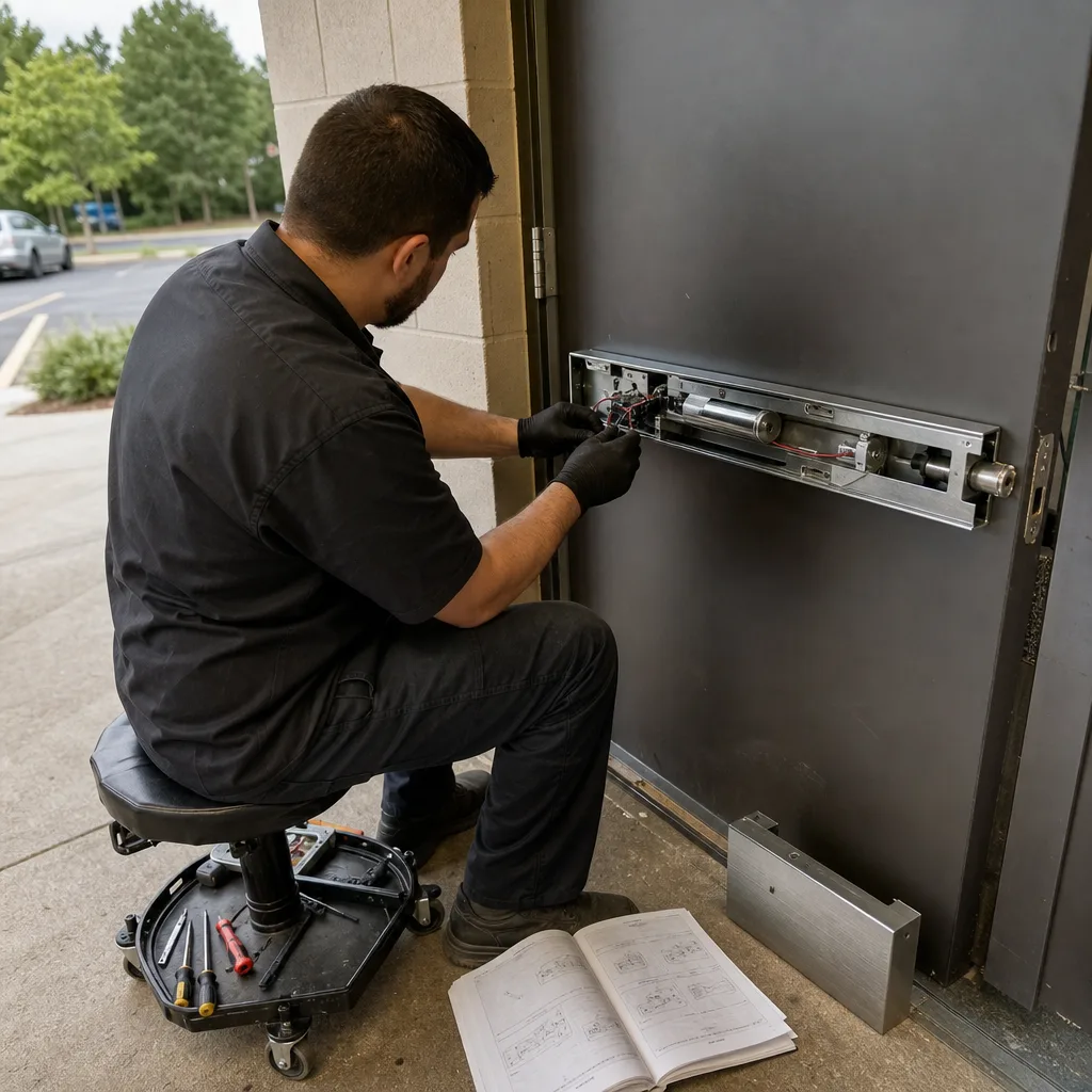 Professional commercial locksmith installing an electronic door lock mechanism.