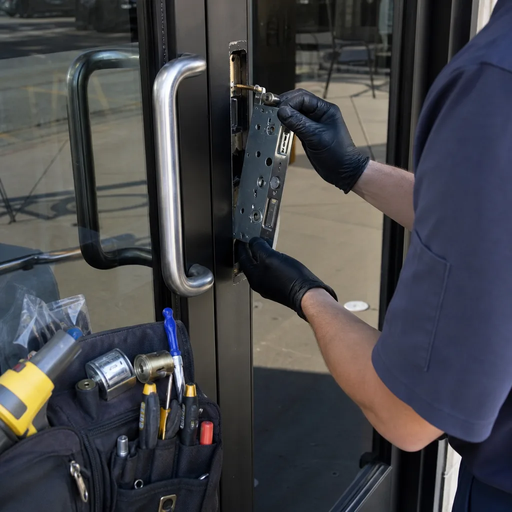 Professional locksmith installing a commercial mortise door lock.